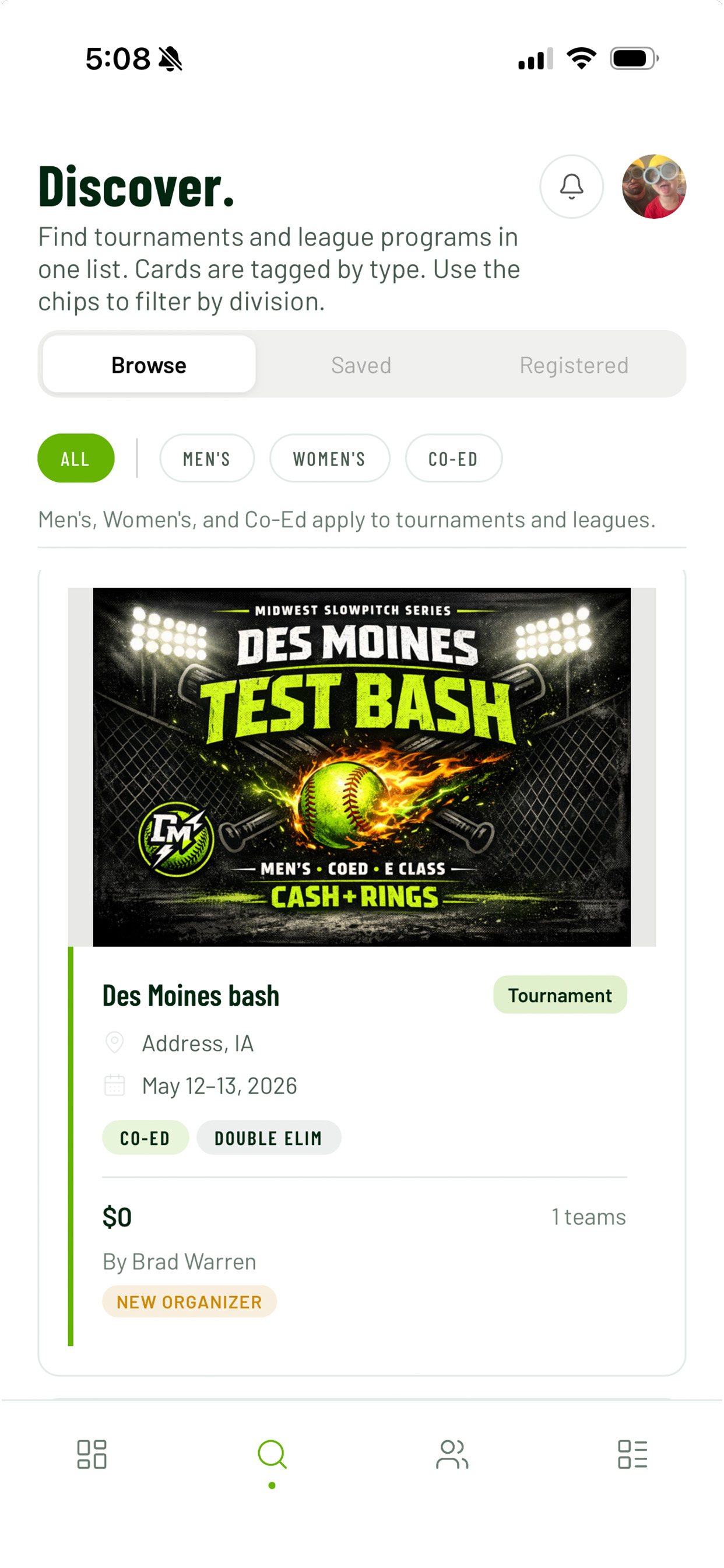 Discover tournaments screen in The Rooster app